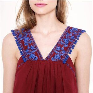 J.Crew Cotton Tank Top Pom-Pom and embroidered v neck line